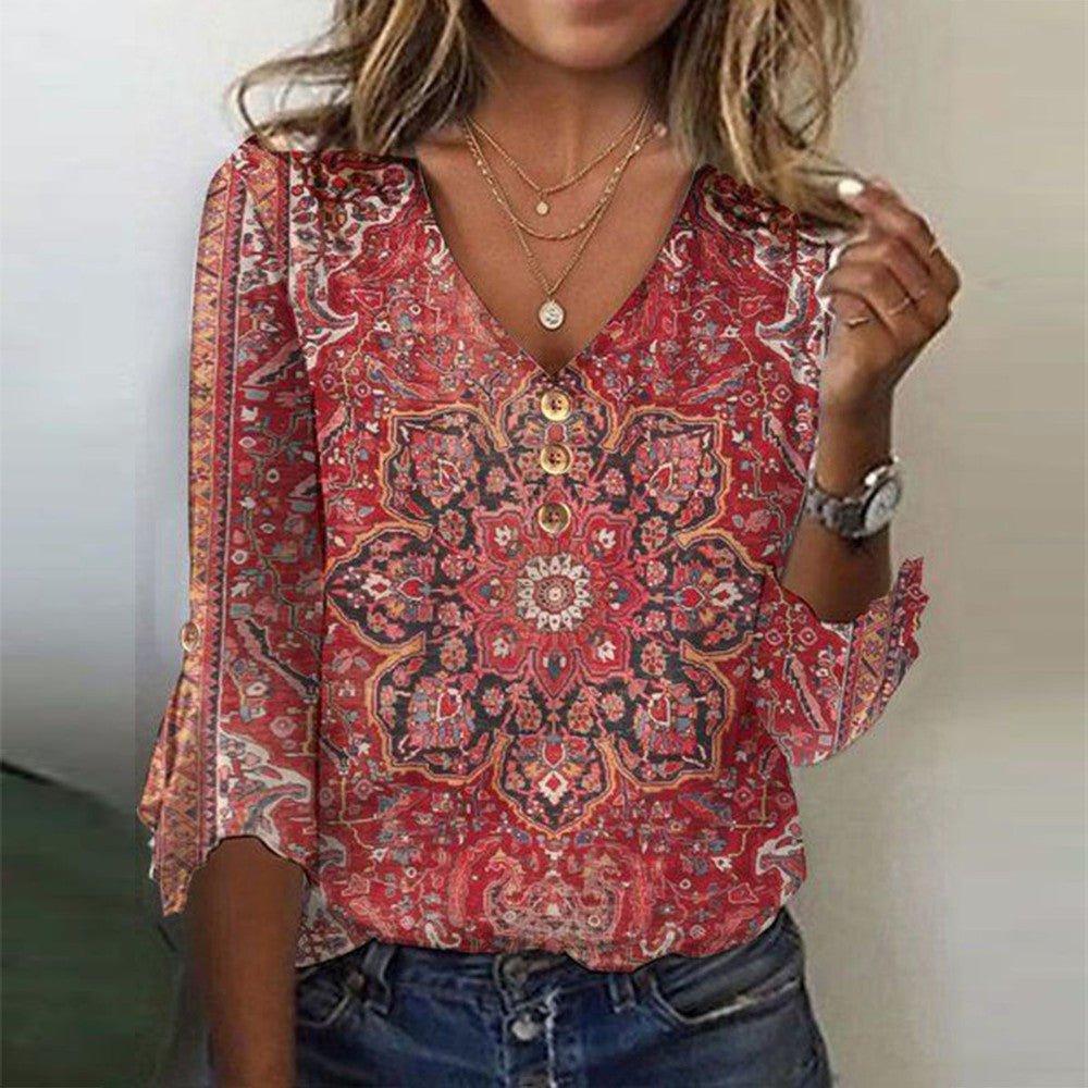 Women's V-Neck Floral Blouse with Flowing Sleeves