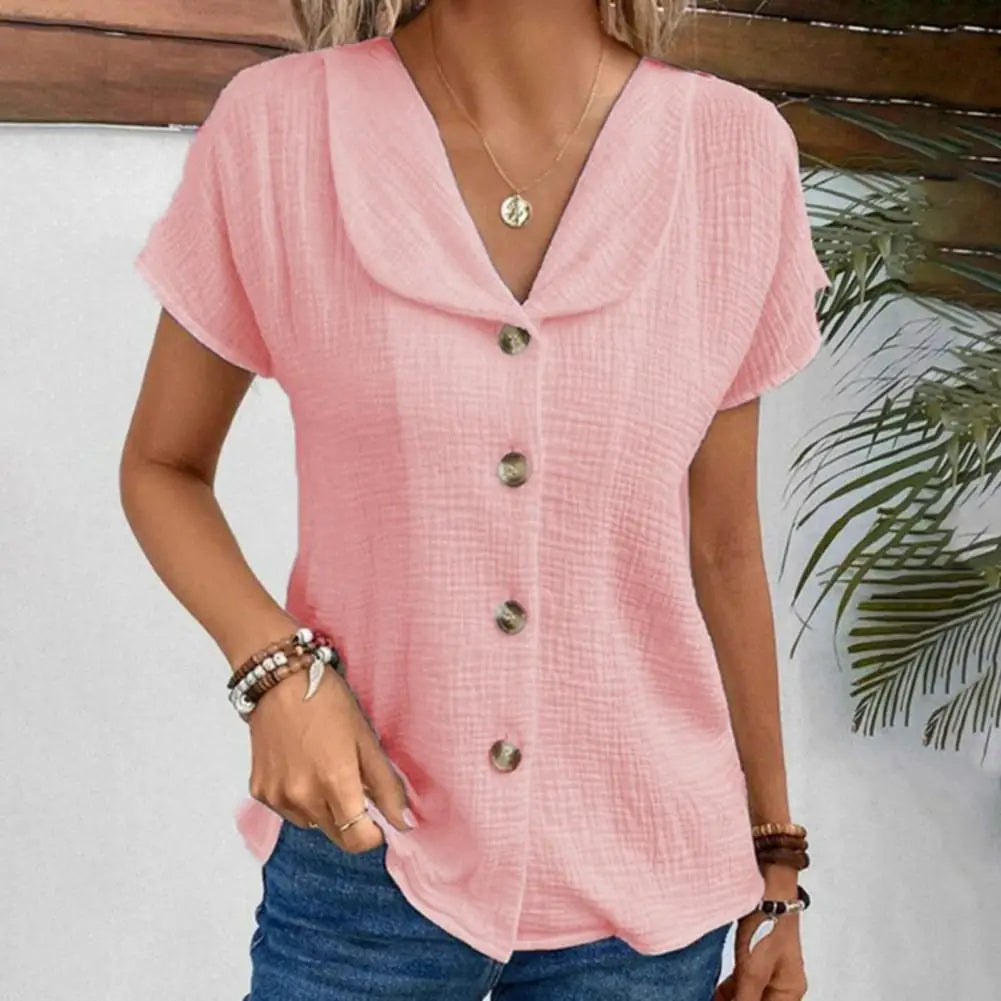 Women’s Blouse – Relaxed Fit – Crinkled Texture – Cropped Length – Short Sleeve Casual Wear