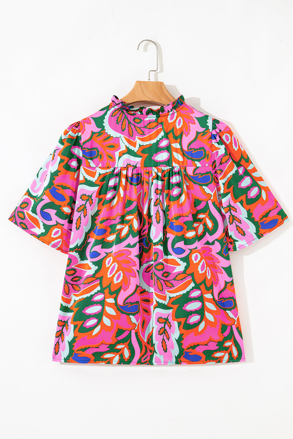 Rose Summer Plant Print Lace up V-Neck Short Sleeve Blouse