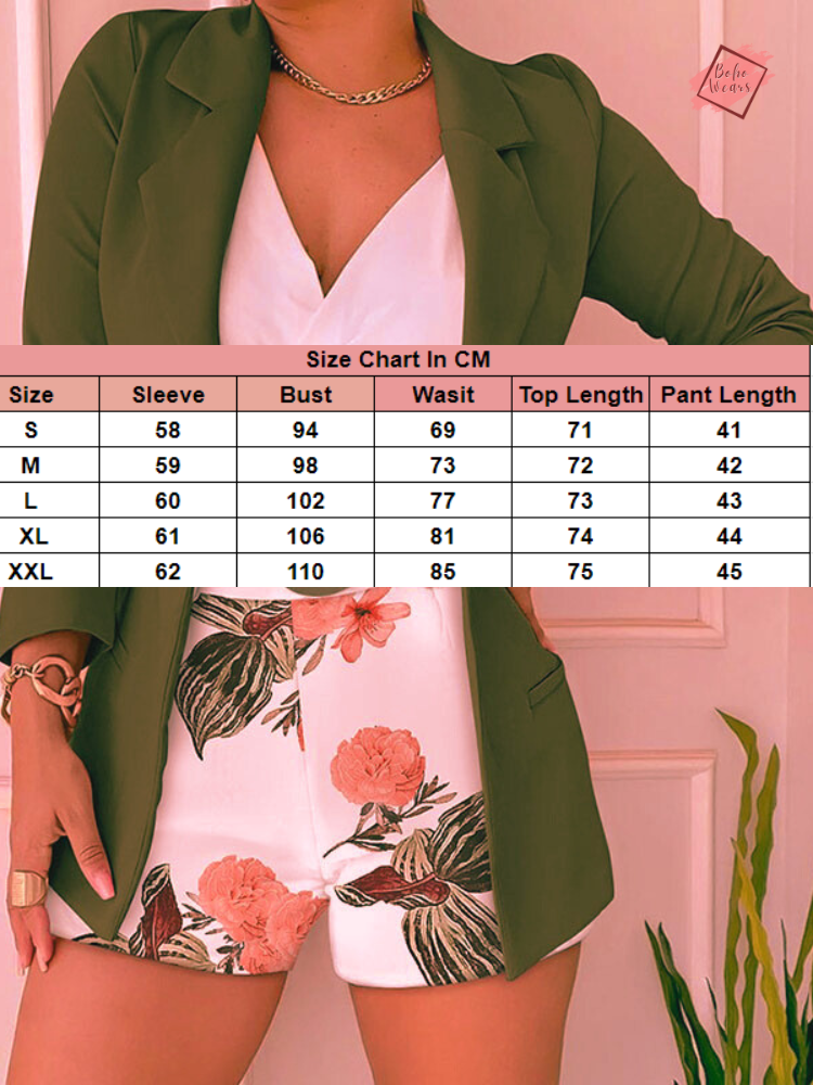 Chic Women's Long Sleeve Blazer and Floral Print Shorts 2-Piece Suit