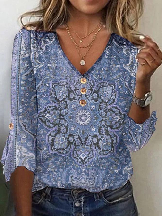 Women's V-Neck Floral Blouse with Flowing Sleeves