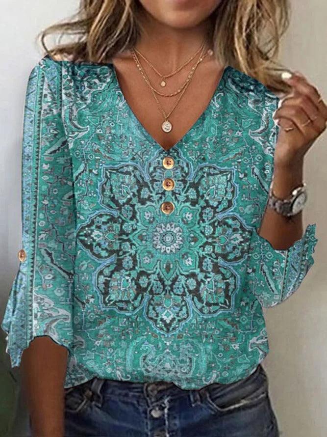 Women's V-Neck Floral Blouse with Flowing Sleeves