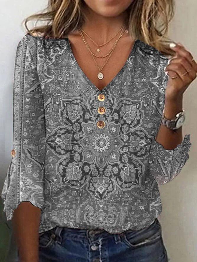 Women's V-Neck Floral Blouse with Flowing Sleeves