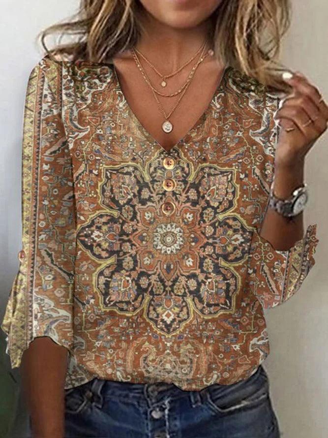 Women's V-Neck Floral Blouse with Flowing Sleeves