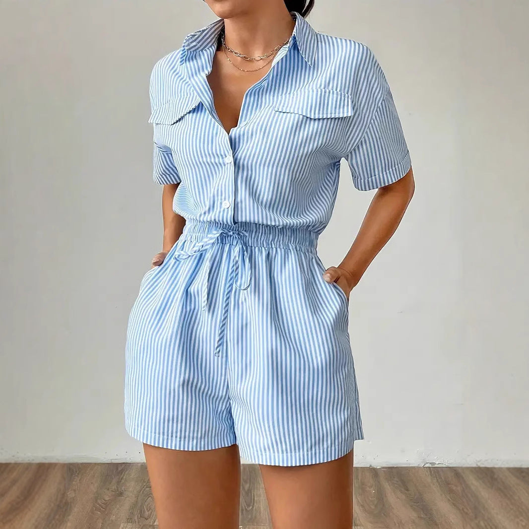 Women’s Romper – Lightweight Fabric – Button Front – Cinched Waist – Short Sleeve