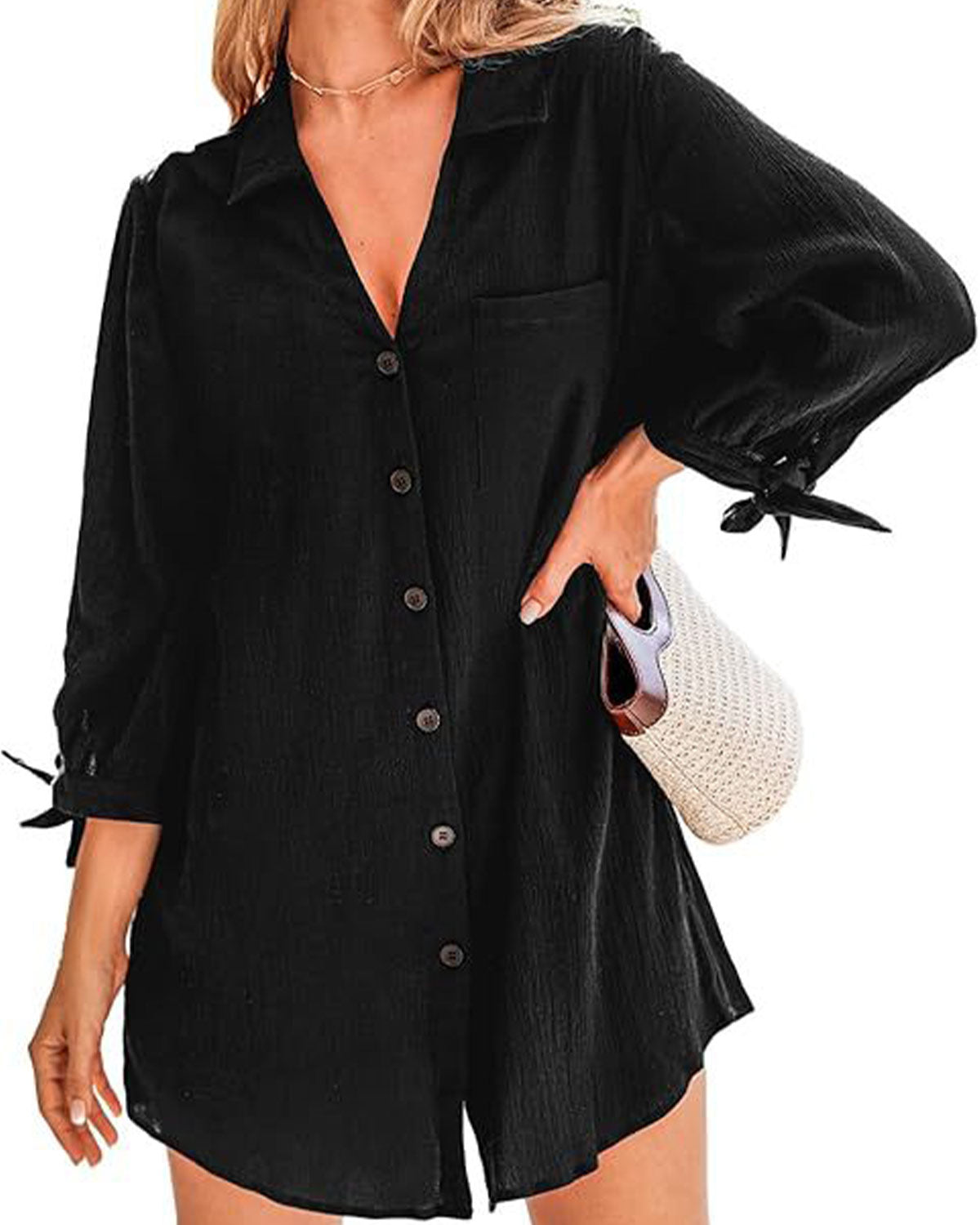 ZAVIREA® Seersucker Tie Cuff Cover-Up Dress