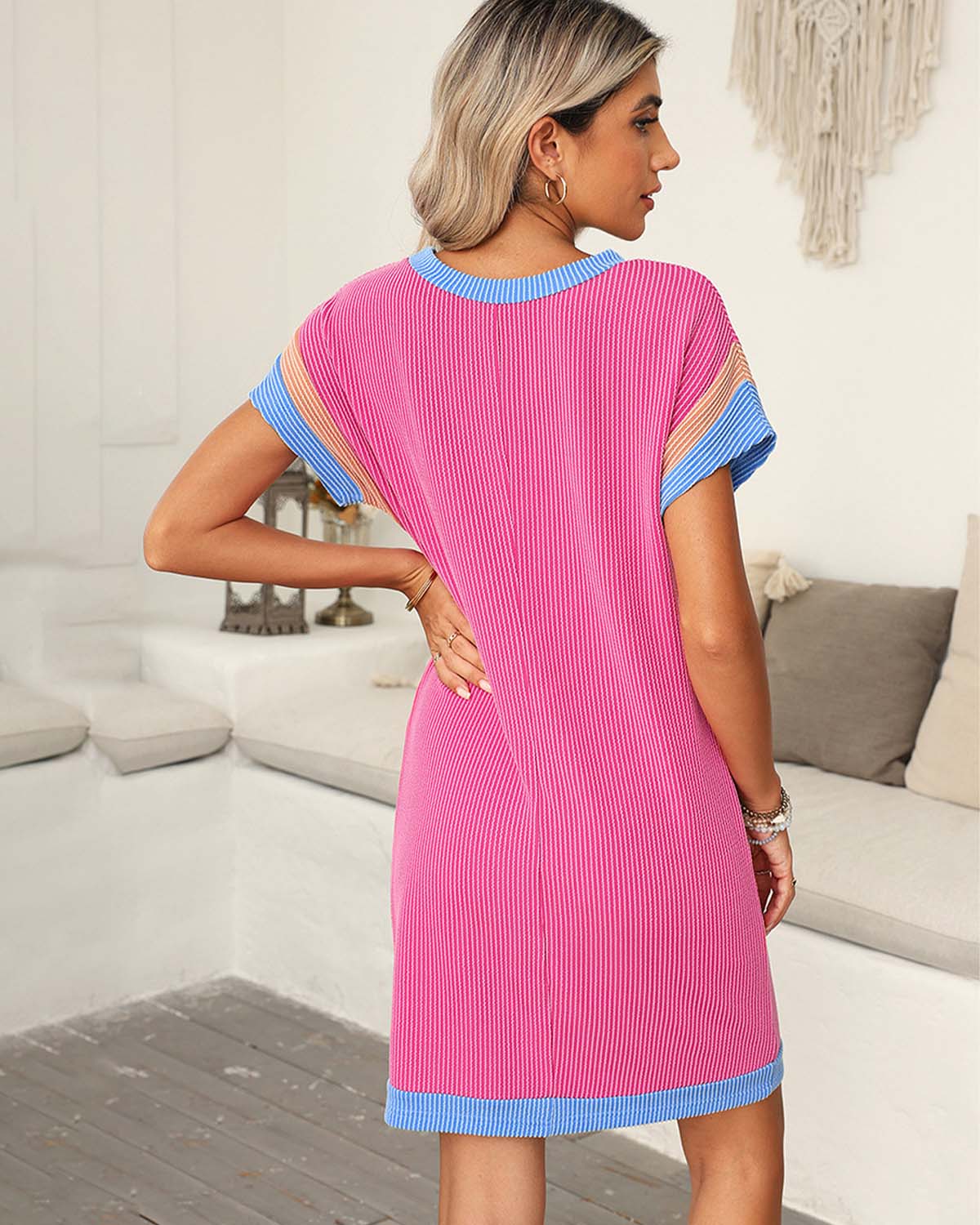 ZAVIREA® Textured Short Sleeve Midi Dress