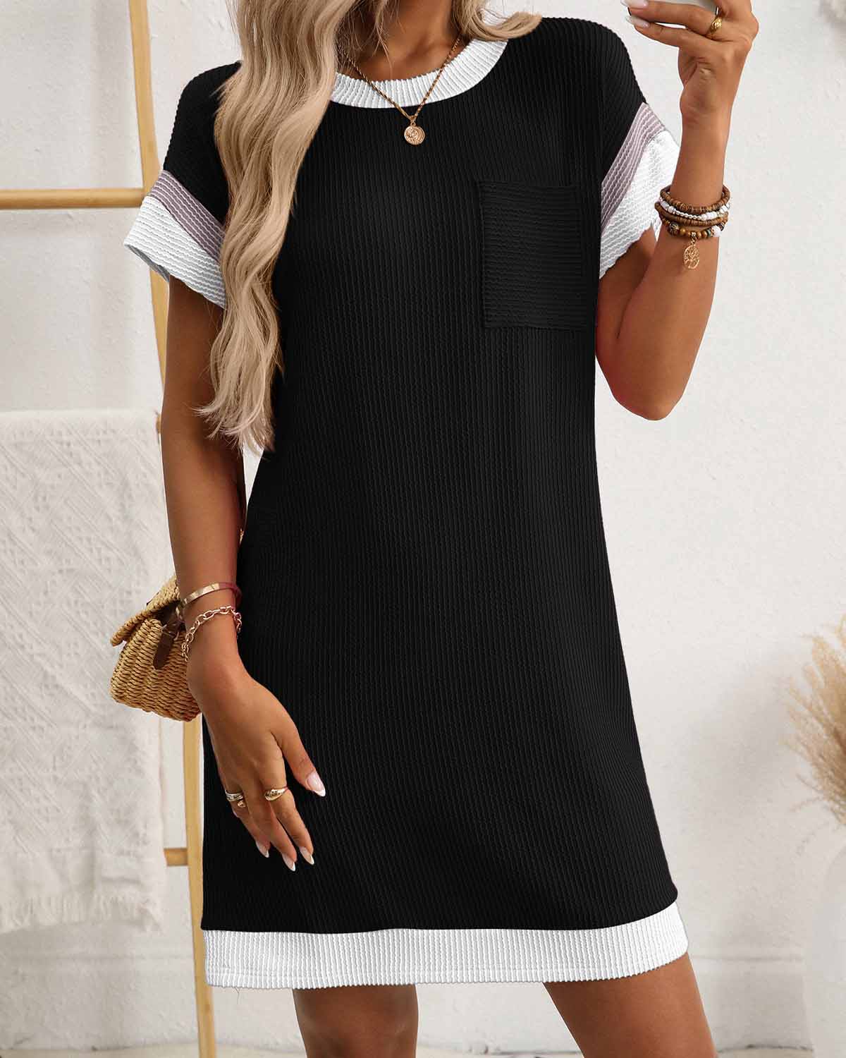 ZAVIREA® Textured Short Sleeve Midi Dress