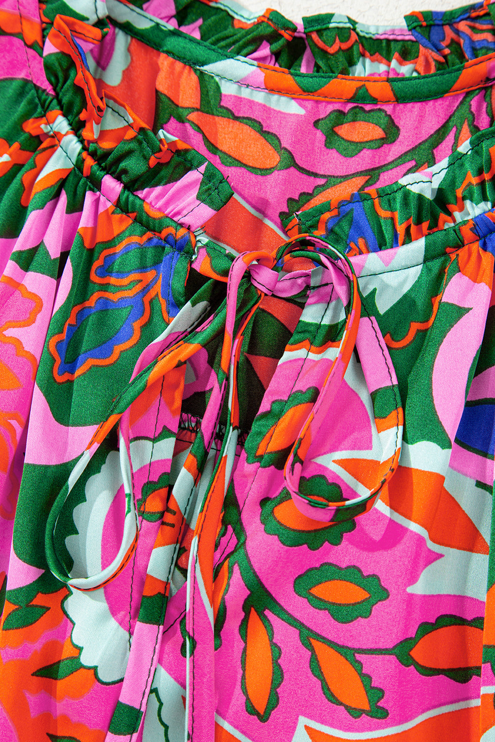 Rose Summer Plant Print Lace up V-Neck Short Sleeve Blouse