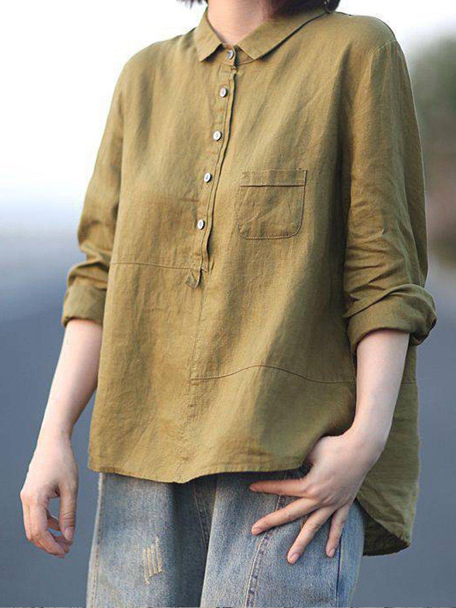 Women's Long Sleeve Shirt Cotton Linen Lapel Neck