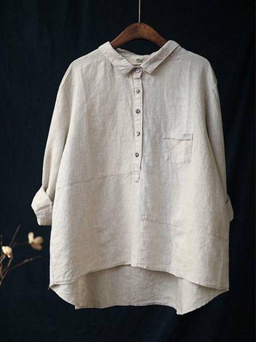 Women's Long Sleeve Shirt Cotton Linen Lapel Neck