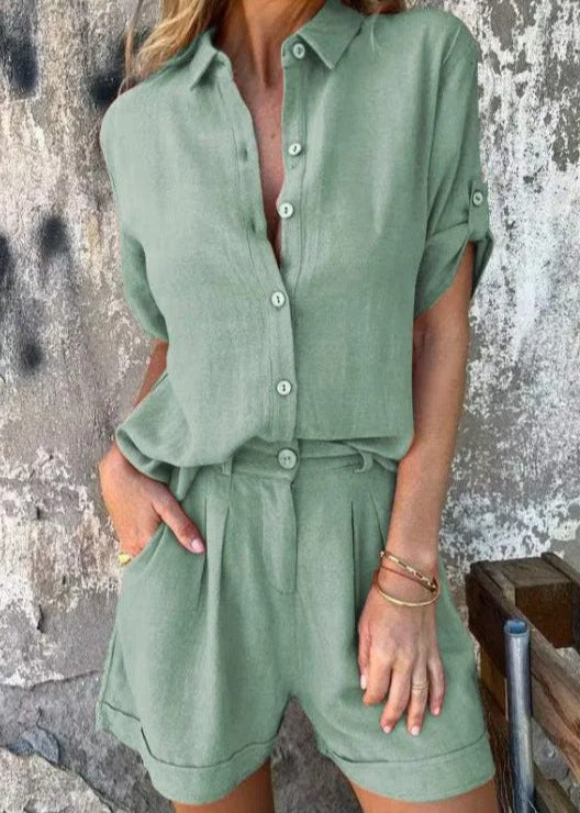 Women's Button-Up Two-Piece Shorts Set with Rolled Sleeves