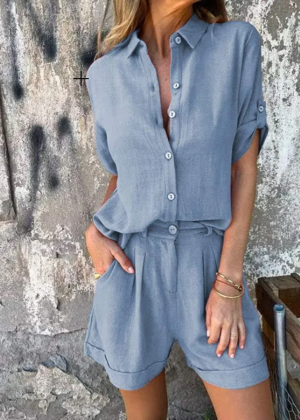 Women's Button-Up Two-Piece Shorts Set with Rolled Sleeves