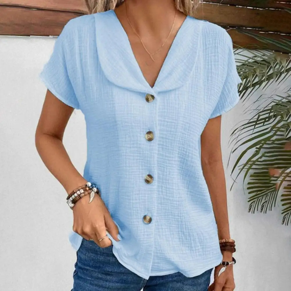 Women’s Blouse – Relaxed Fit – Crinkled Texture – Cropped Length – Short Sleeve Casual Wear