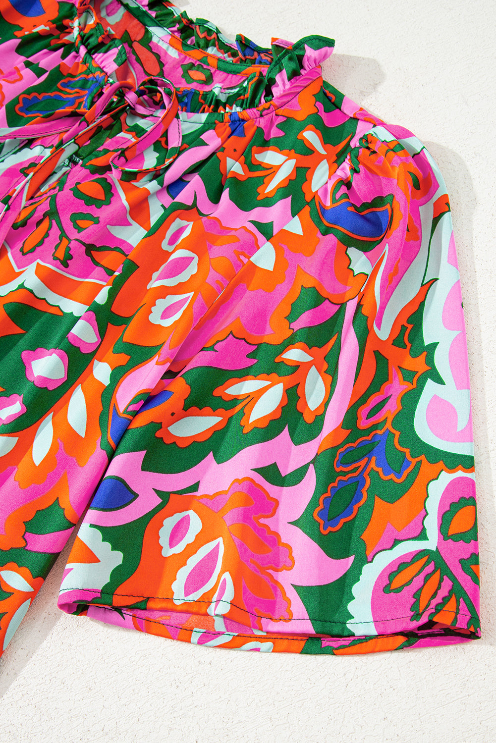 Rose Summer Plant Print Lace up V-Neck Short Sleeve Blouse