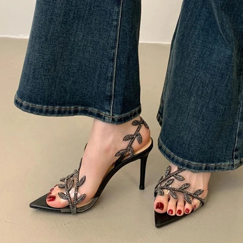 Zavirea Rhinestone Leaf Sandals