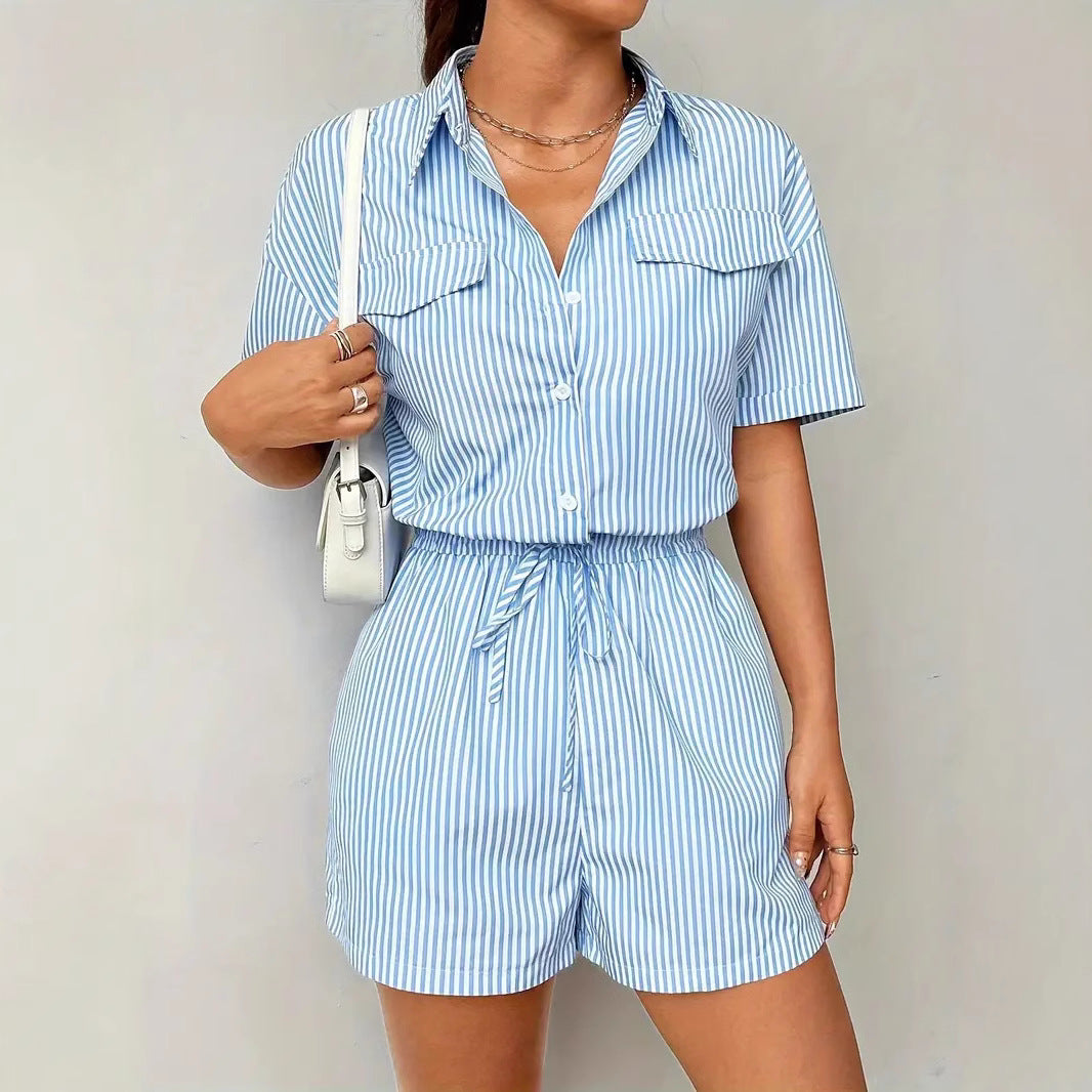 Women’s Romper – Lightweight Fabric – Button Front – Cinched Waist – Short Sleeve