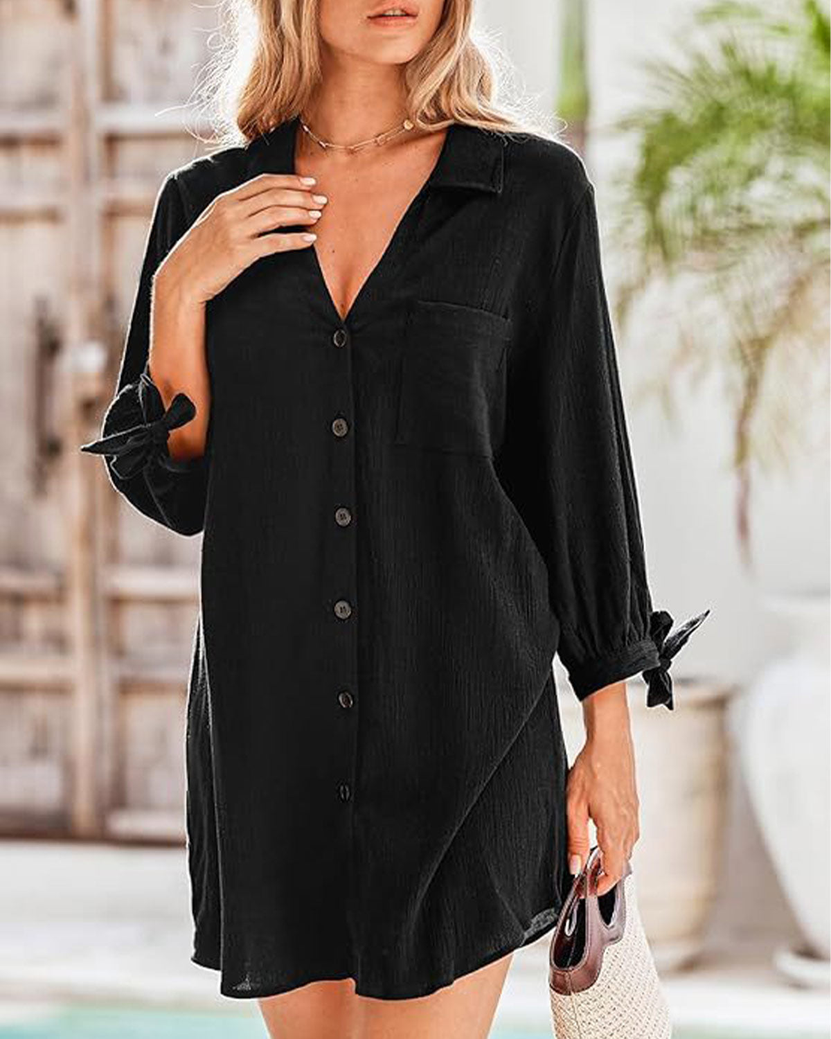 ZAVIREA® Seersucker Tie Cuff Cover-Up Dress