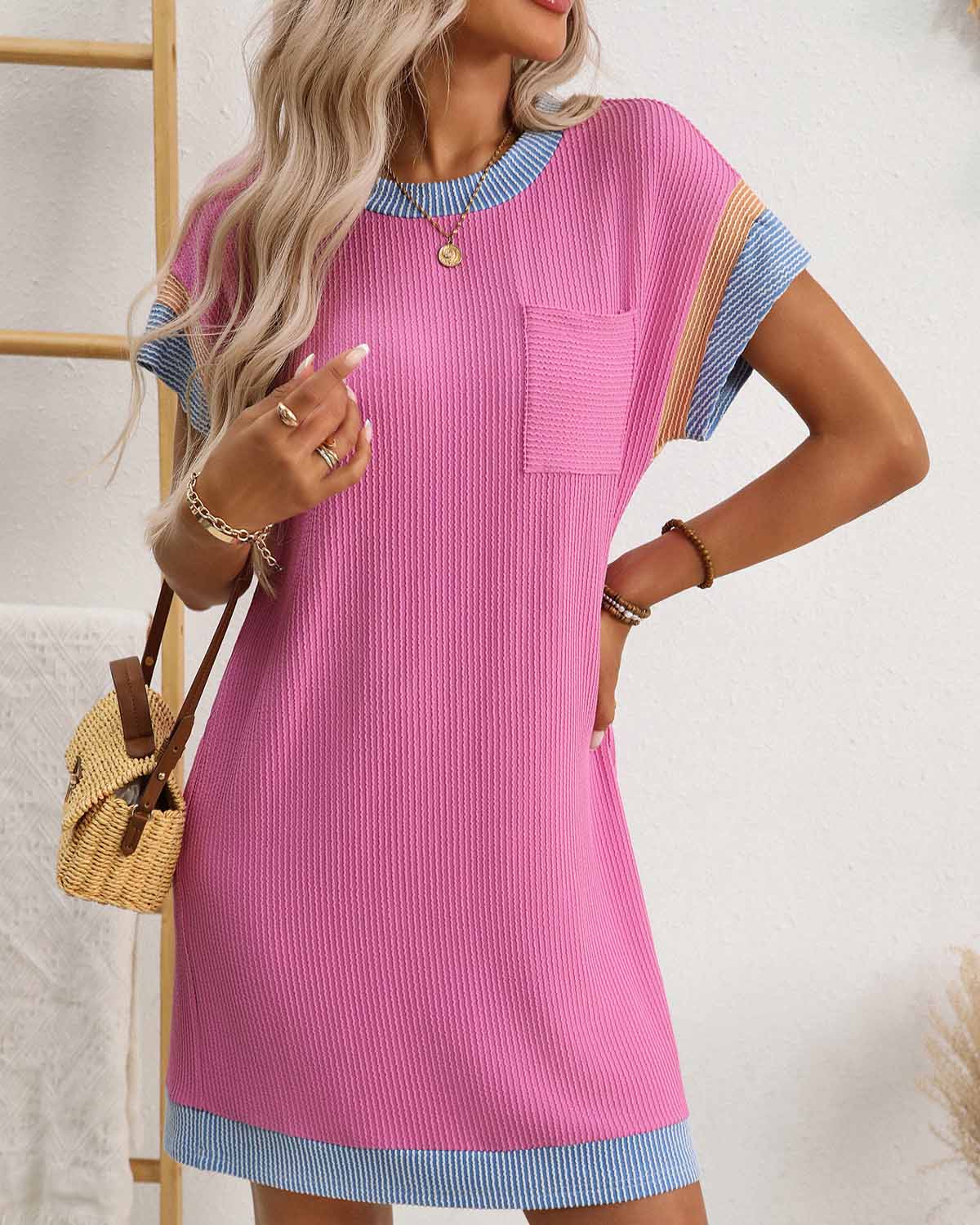 ZAVIREA® Textured Short Sleeve Midi Dress