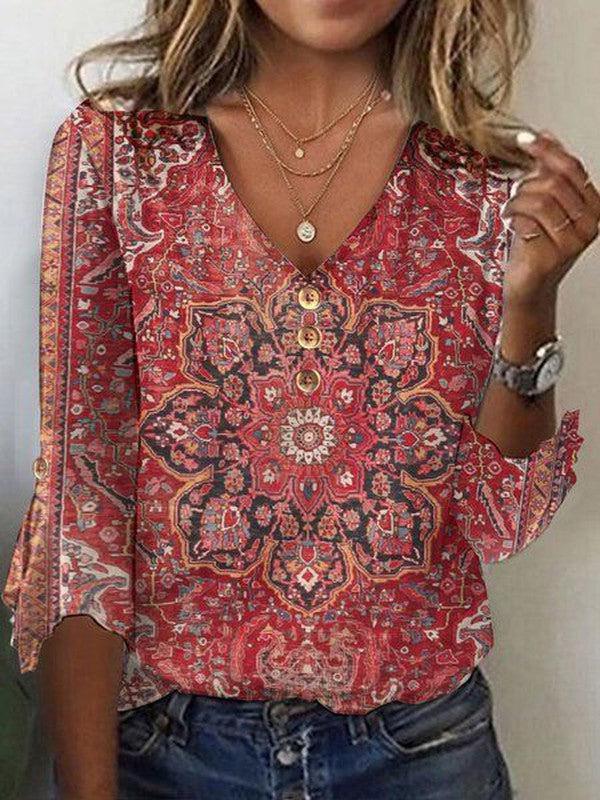 Women's V-Neck Floral Blouse with Flowing Sleeves