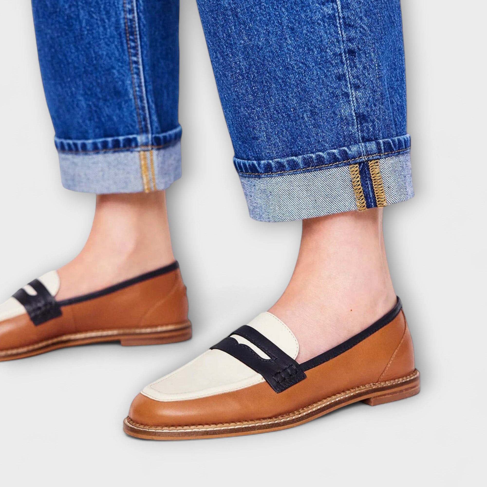 Liora – Brown Moccasin with Round Toe and Colour Block Design