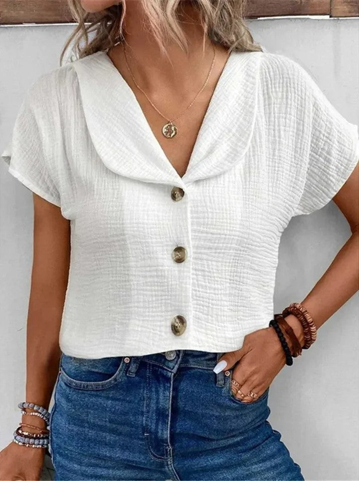 Women’s Blouse – Relaxed Fit – Crinkled Texture – Cropped Length – Short Sleeve Casual Wear