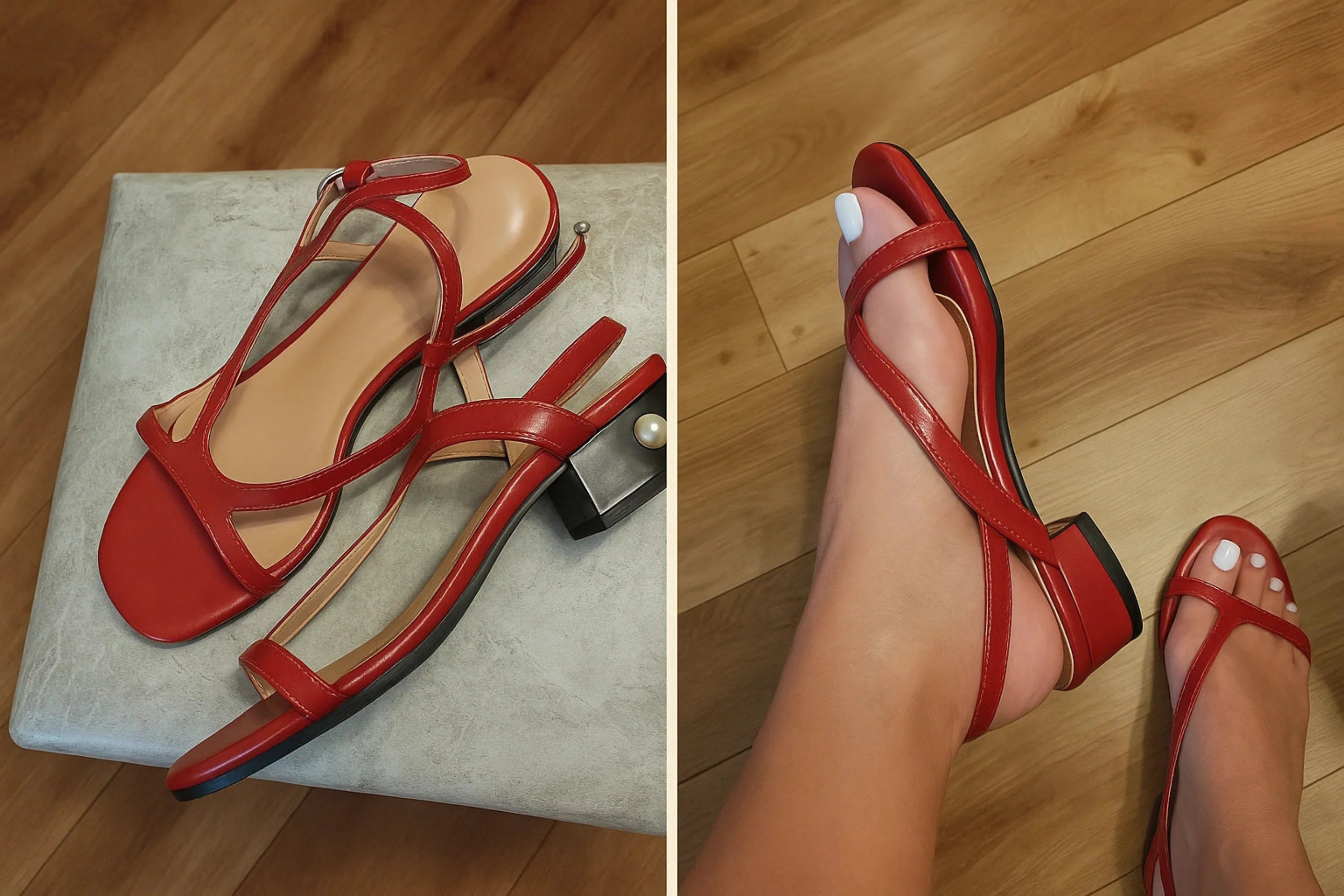 Red sandals on a wooden floor with a close-up of a foot wearing one.