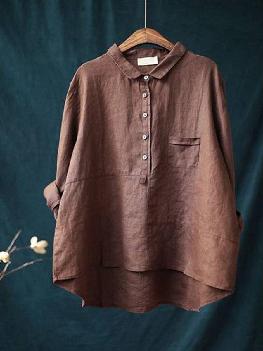 Women's Long Sleeve Shirt Cotton Linen Lapel Neck