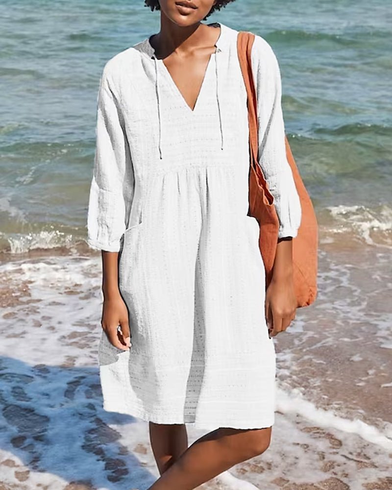 Women's Beach Dress - V-Neck - Three-Quarter Sleeve - Lightweight Breathable Fabric