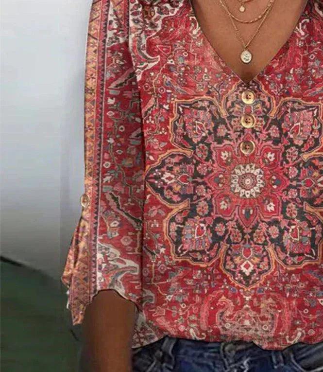 Women's V-Neck Floral Blouse with Flowing Sleeves